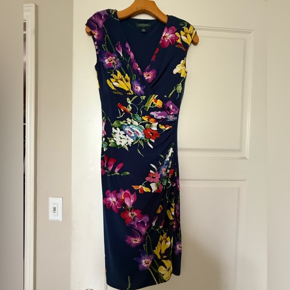Ralph Lauren Floral Midi Dress V-Neck Ruched - Picture 1 of 3